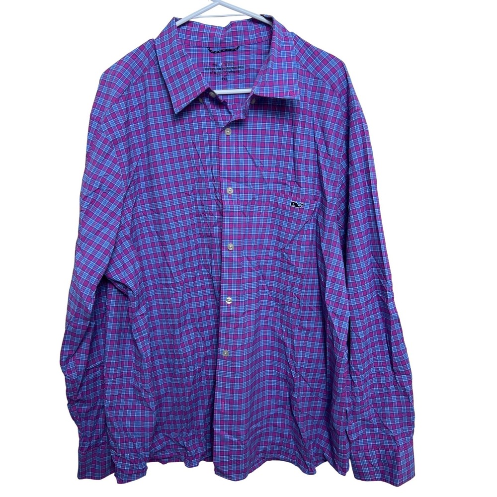 Vineyard Vines Men XXL On-The-Go Performance Plaid Shirt Pink Blue Stretch Whale